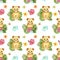 Seamless pattern with watercolor hand painted cute lion cub, green tropical leaves and exotic flowers. Jungle animal print