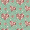 Seamless pattern Watercolor Heart from red pink crystal with gold element on green mint background. Wedding Love