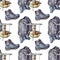 Seamless pattern watercolor hiking trip in the mountains: backpack, shoe, binoculars, vintage oil stove primus isolated