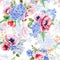 Seamless pattern. Watercolor hydrangea, poppies, currant.