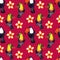 Seamless pattern of watercolor hyperrealistic nature of the tropics of Asia - black and white and colored toucans and plumeria