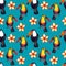 Seamless pattern of watercolor hyperrealistic nature of the tropics of Asia - black and white and colored toucans and plumeria