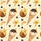Seamless pattern - watercolor Ice Cream  with orange and with physalis on a beige background.