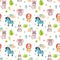 Seamless pattern Watercolor illustration of a cute baby Zebra elephant rhinoceros lion cub Hippo, tropical leaves