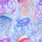 Seamless pattern with watercolor jellyfish on blue background.