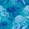 Seamless pattern with watercolor jellyfish on blue background.