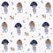 Seamless pattern. Watercolor kids cute illustration. Blonde and brunette girls with an umbrella and a funny dog. Light