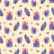 Seamless pattern with watercolor knitted mittens, hot cup, candies, hearts, gift. Hand drawn illustration isolated on beige