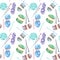 Seamless pattern with watercolor knitting elements: yarn, knitting needles and crochet hooks