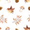 Seamless pattern with watercolor leaves, pine cone, mushroom, bird. Illustration isolated on white. Hand drawn autumn items