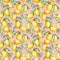 Seamless pattern with watercolor lemon branches and flowers. Hand drawn illustration is isolated on pink. Yellow ornament