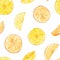 Seamless pattern with watercolor lemon and orange slices. Hand drawn illustration is isolated on white. Bright ornament