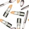 A seamless pattern with the watercolor lipstick and makeup brushes.