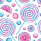 Seamless pattern with Watercolor Lollipop. Bright Sweets for Birthday postcard, Greeting card. Background  for holiday and party.