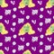 Seamless pattern with watercolor magic forest with fairy frogs on Velvet Violet background. Repeating