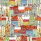 Seamless pattern of watercolor medieval houses