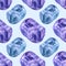 Seamless pattern watercolor mineral crystal purple amethyst on blue background. Hand-drawn gemstone object for