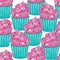 Seamless pattern of watercolor mint cupcake with pink cream, hand drawn delicious food illustration, isolated on white