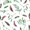 Seamless pattern with watercolor mistletoe and thuja branches, foliage. Hand drawn illustration is isolated on white. Ornament