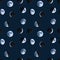 Seamless pattern of watercolor moon phases. Hand drawn illustration isolated on dark. Painted Earth satellite