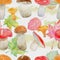 Seamless pattern with watercolor mushrooms and fall leaves