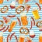 Seamless pattern watercolor Octoberfest beer collection. Classical Octoberfest beer mug with draft beer and snacks -