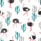 Seamless pattern with watercolor ostrich and cactus