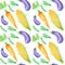 Seamless pattern Watercolor painted collection of orange vegetables corn, carrot, peas, eggplant. Hand drawn fresh vegan