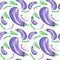 Seamless pattern Watercolor painted collection of vegetables purple eggplant and green peas. Hand drawn fresh vegan food