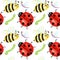 Seamless pattern Watercolor painted Funny bright cartoon insects collection. Wasp, bee, bumblebee, worm, caterpillar