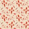 Seamless pattern of watercolor `Pentecost`: red elements of the cross, dove, twigs, fire