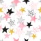 Seamless pattern with watercolor pink and glittering golden stars.