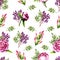 Seamless pattern of watercolor pink peonies, green sprigs and purple berries. Isolated hand painted flowers and leaves on white