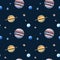 Seamless pattern of watercolor planets. Hand drawn illustration is isolated on dark. Painted solar system