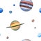 Seamless pattern of watercolor planets. Hand drawn illustration is isolated on white. Painted solar system