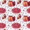 Seamless pattern watercolor plate with cherry, slice and seed pomegranate on white. Hand-drawn sweet red summer food