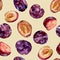Seamless pattern with watercolor plums on a color background. Whole and cut fruits.