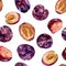 Seamless pattern with watercolor plums on a white background. Whole and cut fruits.