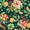 Seamless pattern with watercolor poinsettia flowers, oranges, cinnamon sticks and holly branches
