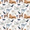 Seamless pattern with watercolor polar animals on white background