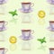 Seamless pattern with watercolor porcelain tea cups, lemon and m