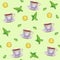 Seamless pattern with watercolor porcelain tea cups, lemon and m