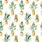 Seamless pattern of watercolor potted plants, home plants in gold pots