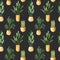 Seamless pattern of watercolor potted plants, home plants in gold pots