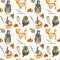 Seamless pattern of watercolor pretty foxes, owls and forest natural elements