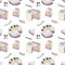 Seamless pattern of watercolor purple fruit cakes