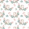 Seamless pattern with watercolor rabbits, green branches and red berries