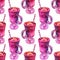 Seamless pattern watercolor red berry smoothies cocktail with straw and tangerine. Fresh summer drink beverage. Creative