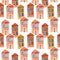 Seamless pattern of watercolor red icelandic wooden houses