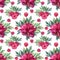 Seamless pattern watercolor red peony summer flower with green leaves and raspberry on white. Hand-drawn floral plant